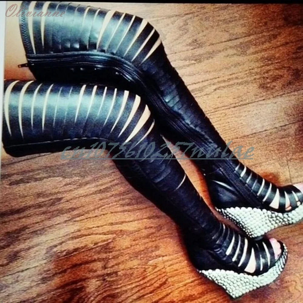 

Metal Round Rivets Wedges High Heel Over the Knee Boots Black Hollow Belts Open Toe Sexy 2025 Summer New Women Shoes Para Mujere