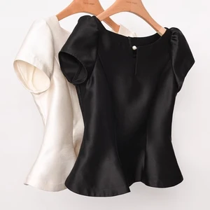 Frauen -Monochrome -Hemden mit Kragen O, Puffärmelblusen, Reißverschlussbereichen, elegant und gemäßigt, Sommer 2021, 2024 12 Hauptverkaufsbluse Reißverschluss - №12