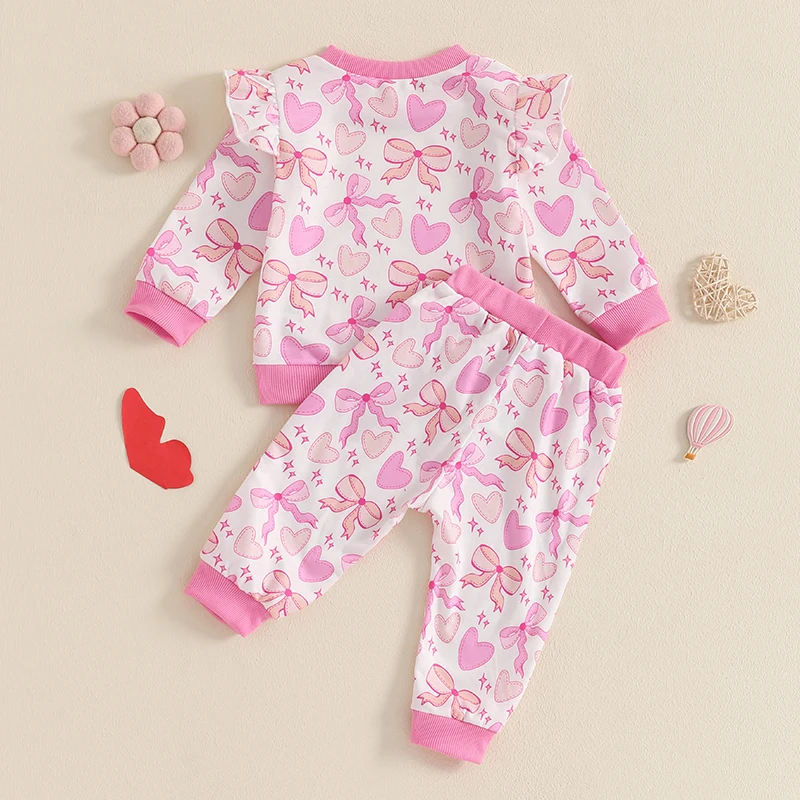 Toddler Girls 2PCS Valentine s Day Sets Long Sleeve O Neck Heart Bow Print Tops Pants Set