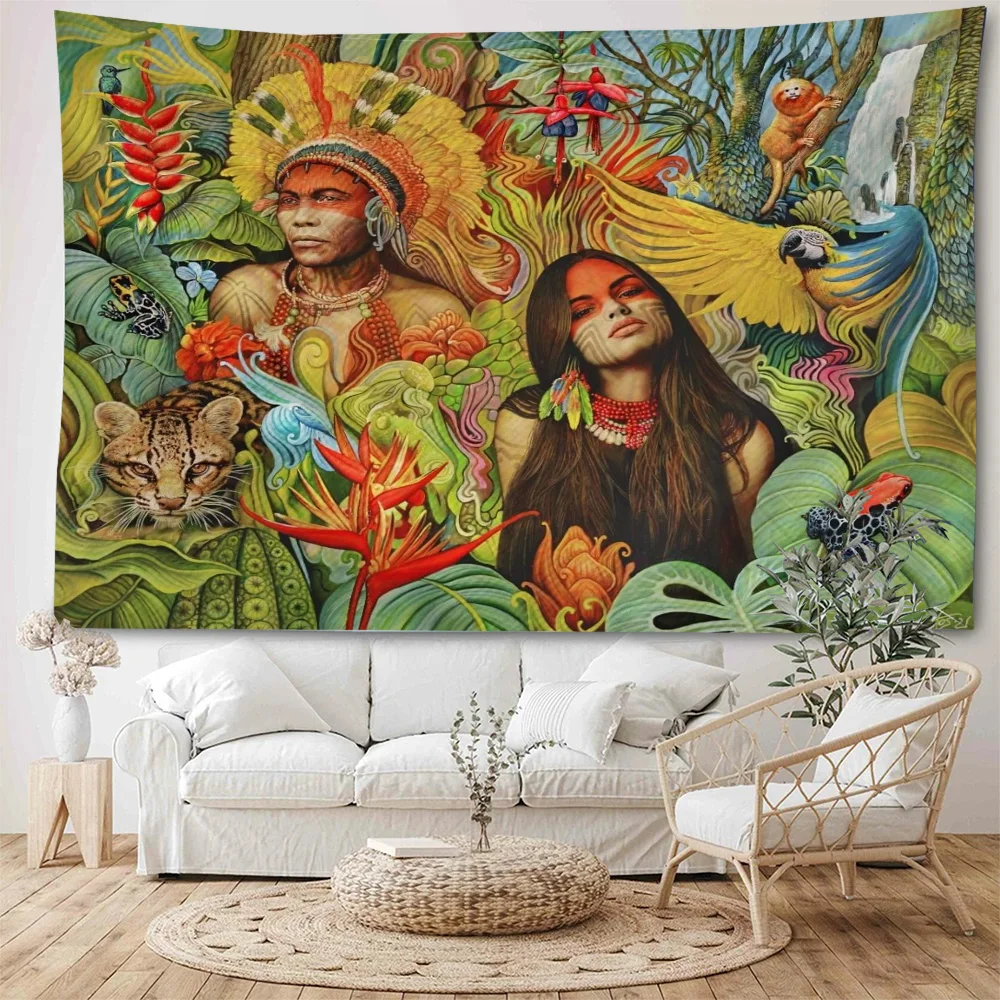 Latin American primitive tribes, indigenous people, decorative tapestries, goddesses, witches, paintings, decorative tapestries