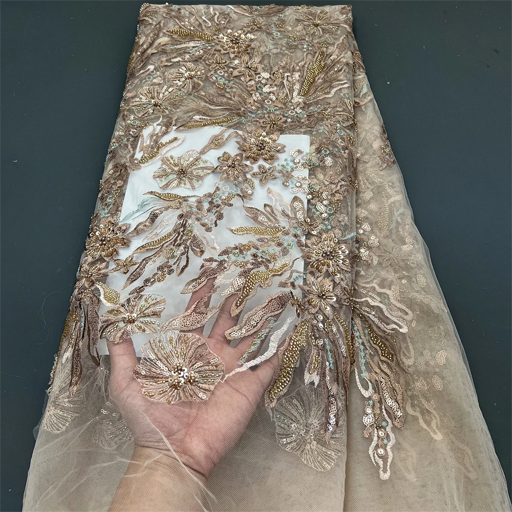 2024 High Quality African Nigerian Tulle Lace Fabric Sequins Embroidery French Guipure Wedding Party Dress Beaded 5Yards