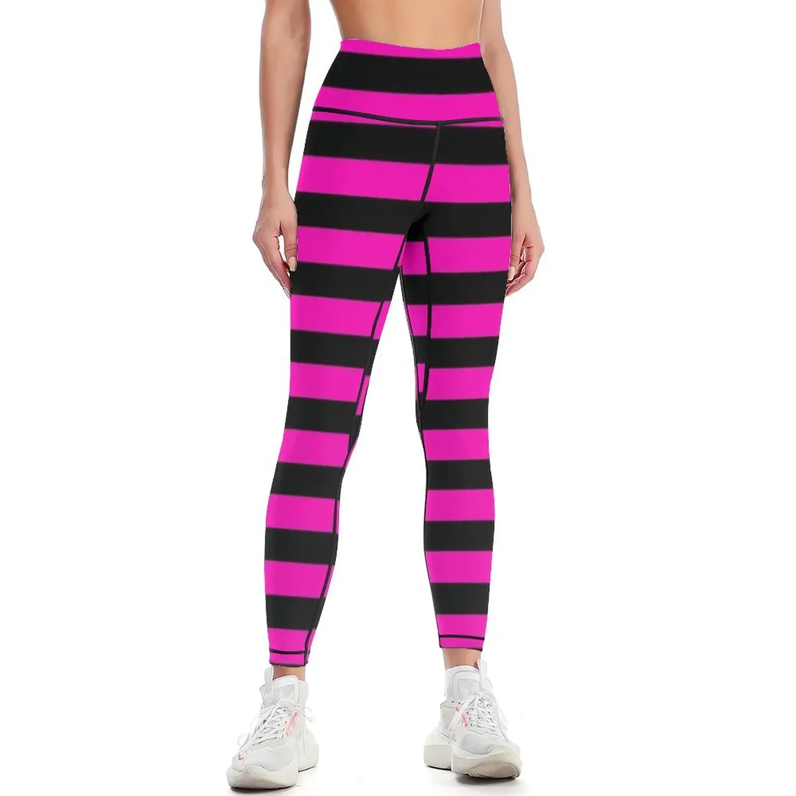 

Neon Pink and Black Horizontal Stripes Leggings workout shorts gym top Female legging pants fitness set gym Womens Leggings