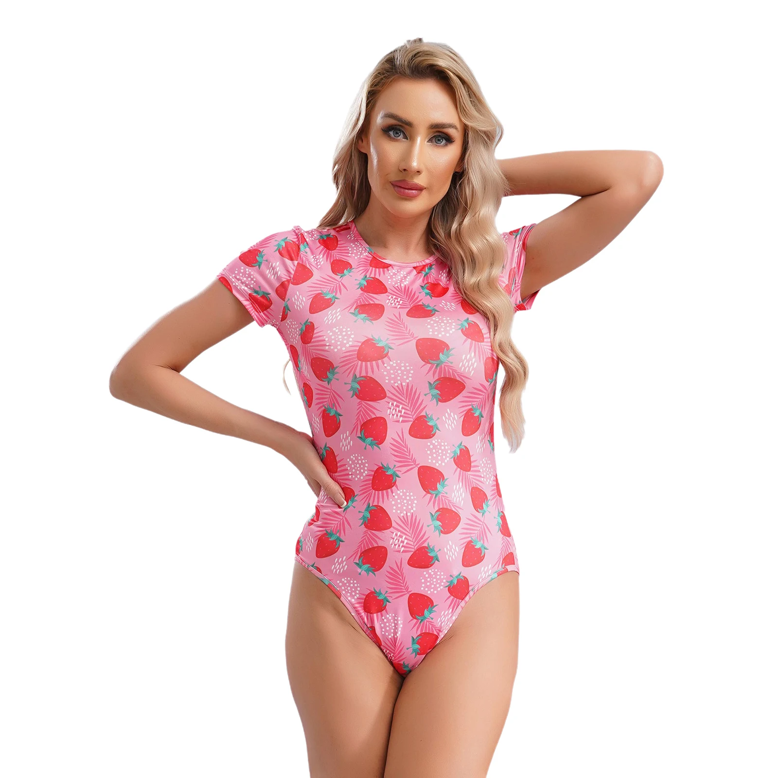 Women Cute Printed One Piece Bodysuits Short Sleeve Snap Crotch Leotard Top Shaperwear Anime Kawaii Costume Y2K Girls Dress-up