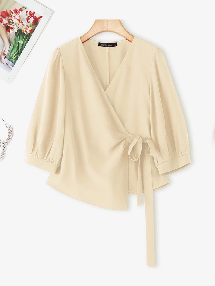 ZANZEA Women Lace-Up Cardigan Autumn V Neck Tops 2025 Fashion Office Work Shirts Elegant 3/4 Sleeve Tunic Casual Loose Pullovers