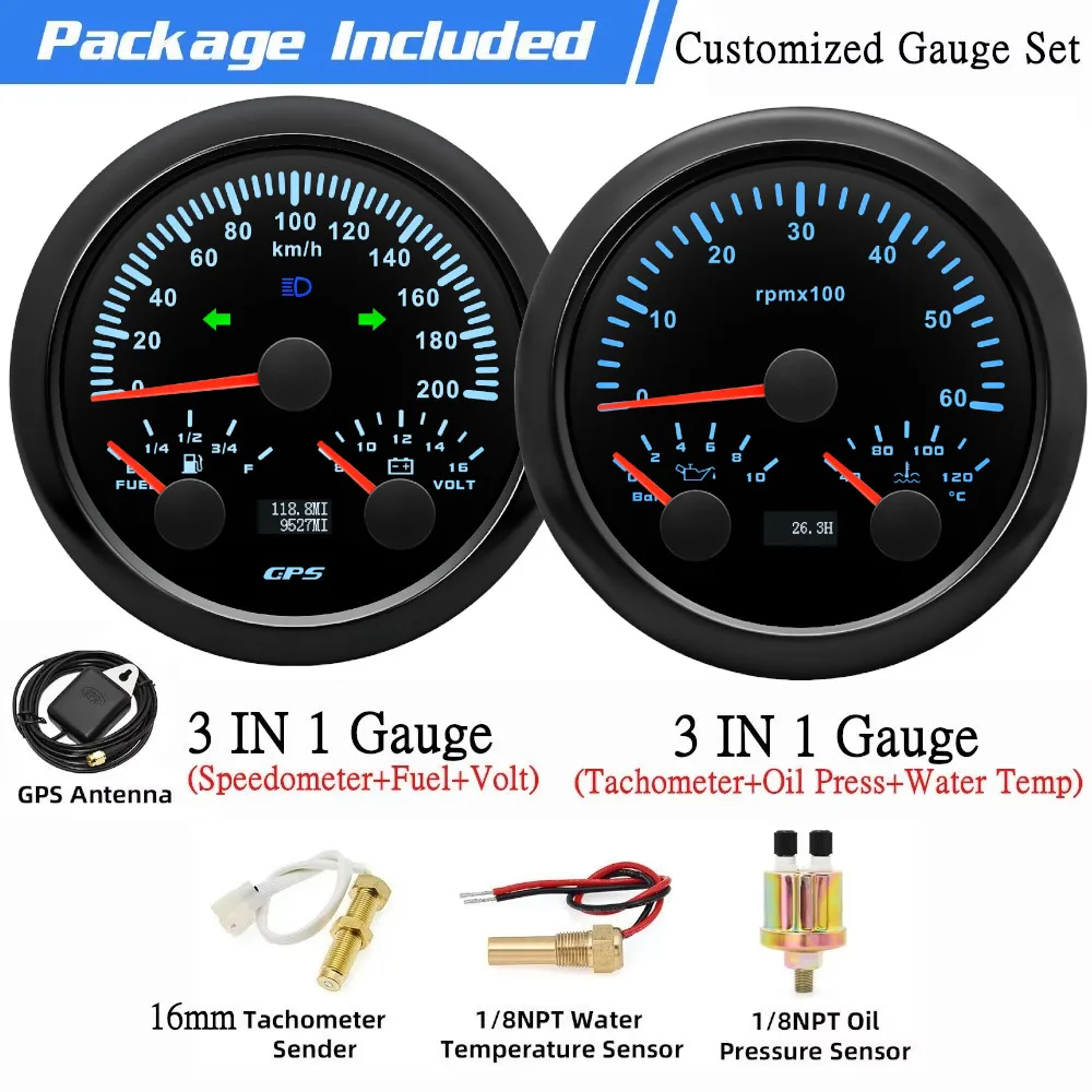 

Комплект из 2 приборов с датчиками: 85 мм, 3-в-1: спидометр (до 200 км/ч, GPS), тахометр (до 6000/8000 об/мин), датчик уровня топлива, напряжения, температуры воды и давления масла.