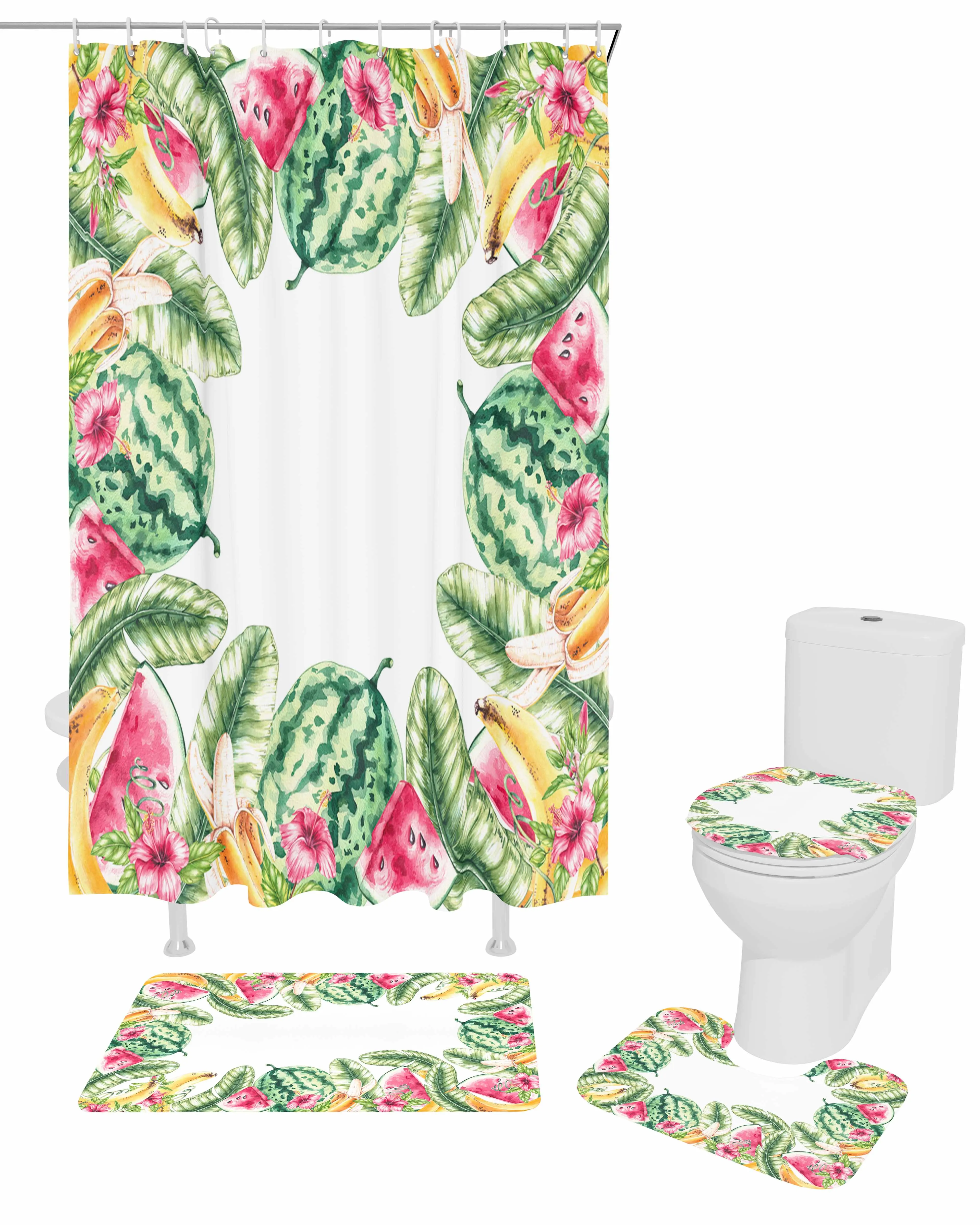 Summer Watermelon Banana Leaf Flower Shower Curtain Non-Slip Rugs Toilet Lid Cover and Bath Mat Bathroom Curtains with Hooks