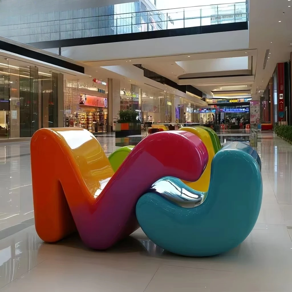 Custom China Waterproof Public Rest Artistic Waiting Letter Fiberglass Bench Lounge Chair Square Decoration for Park Outdoor