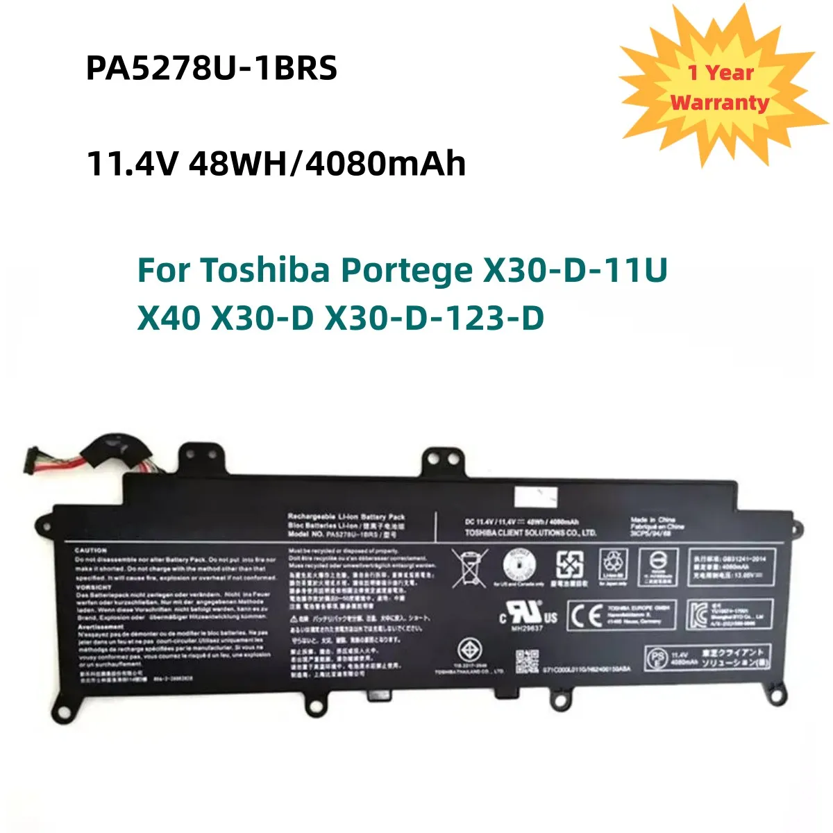 PA5278U-1BRS Laptop Battery for Toshiba Portégé X30-D-123 X30-E X30-F Tecra X40-D-11F X40-E X40-F X40-D-145 X40-D-14M 11.4V 48WH