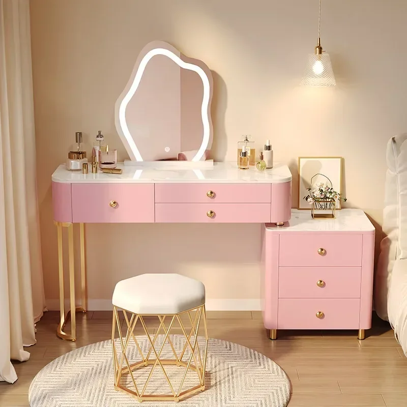 Princess Pink Dressing Table Vanity Organizer Luxury Nordic Dressing Table Led Light Kawaii Tocador Maquillaje Furniture Makeup