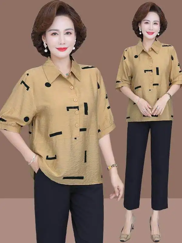 

Elegant Casual Mid-Sleeve T-Shirt for Middle-Aged Women Summer Fashion Slimming Age-Defying Top Comfortable Loose Fit Cotton