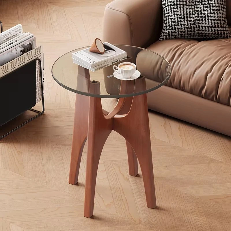 Modern wood glass top round small side table edge stool coffee table