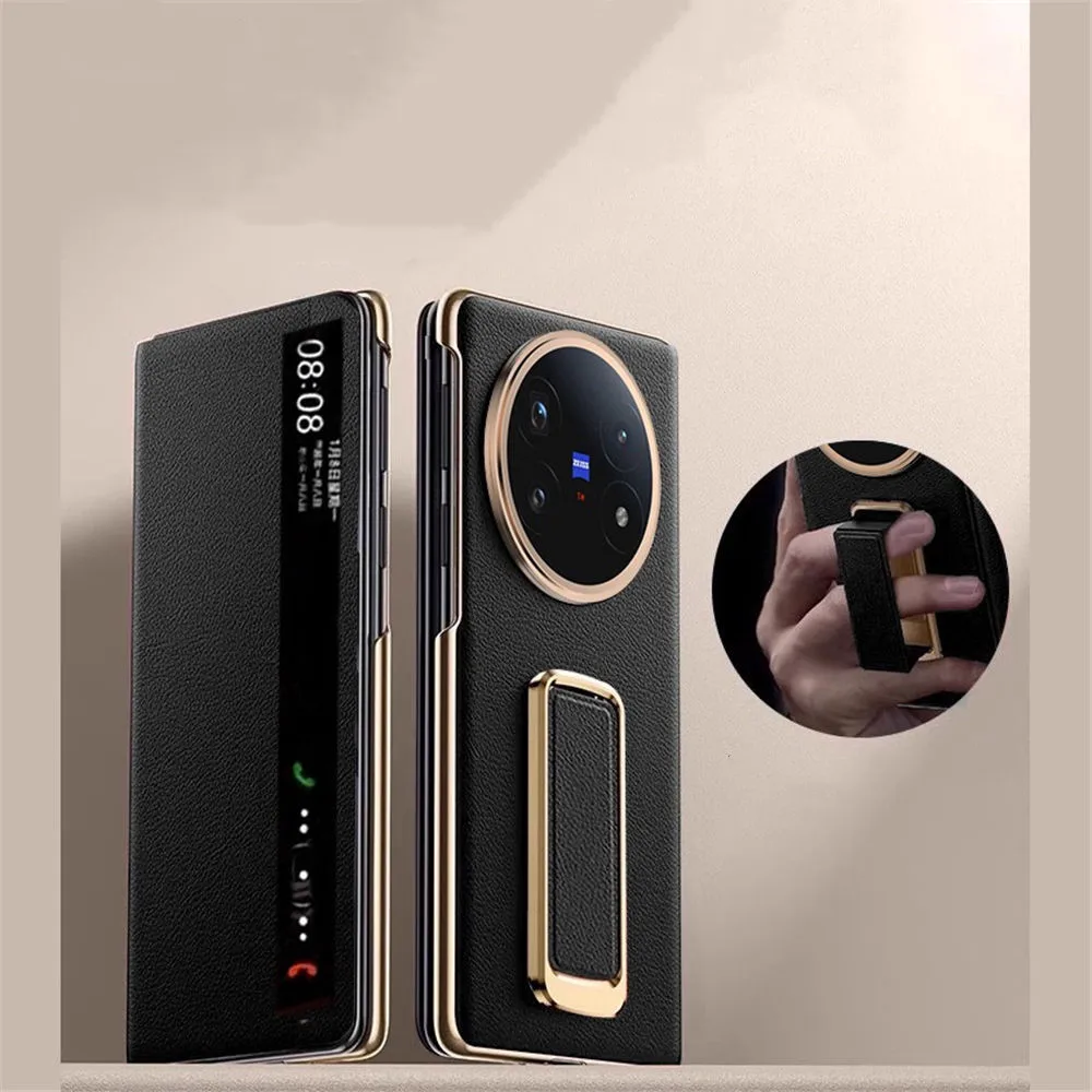 Premium Nutural Cowhide Leather Flip Case for Vivo X Fold5 Wristband Bracket Full Cover