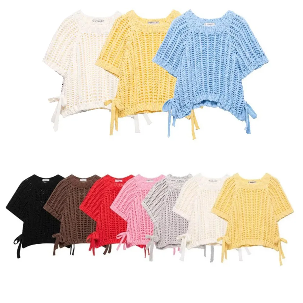 

Women Chunky Knit Top with Side Straps O-Neck Short Sleeves Hollow Out Cropped Sweater Pullover for Casual Female