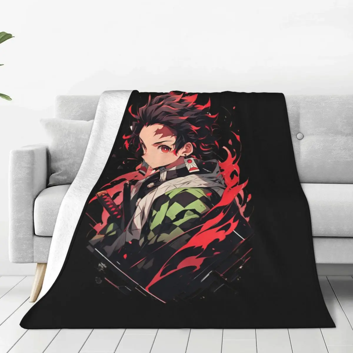 Demon Slayers Tanjiro Knitted Blanket Fleece Anime Comic Super Soft Throw Blankets for Airplane Travel Bedroom Quilt