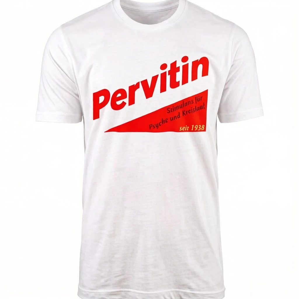 Pervitin Retro Werbe-Strick-T-Shirt Lässig Passend für Herren Klassische Passform Weich Bequem Hochwertige Stoffqualität Schnelltrocknendes T-Shirt