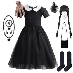 Wednesday Addams Cosplay Costume Girls Black Gothic Dress Elegant Chiffon Prom Gown Girl Outfits Halloween Carnival Party Child