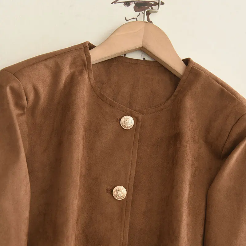 2025年秋向けレトロラウンドネスリムスエードジャケット、レディースファッショナブルショルダーレングススリーブロングアウターコート