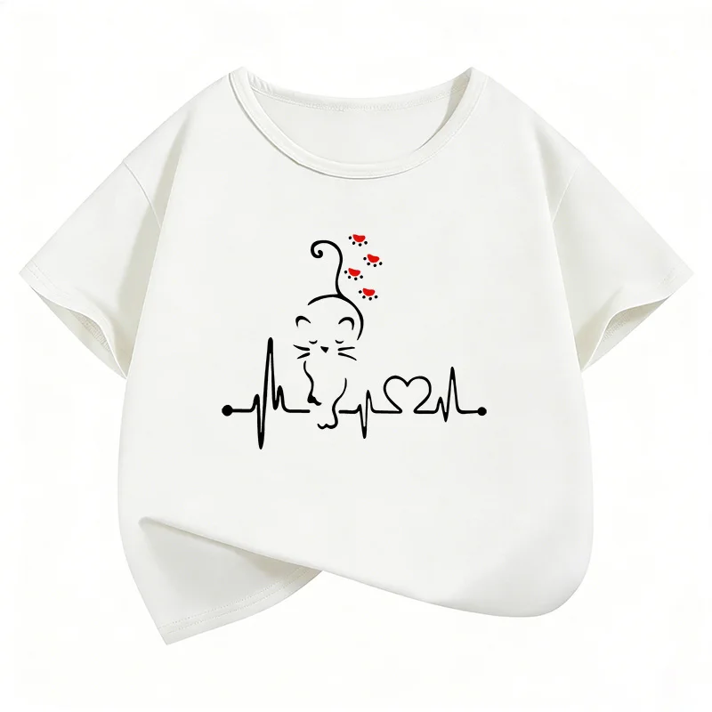 Lustige Katzen-Liebesherzen Kinder-T-Shirts Sommer Kurzarm-Shirts Cartoon-Tier Jungen Mädchen Kleidung Kawaii Oberteile Kinder-T-Shirt