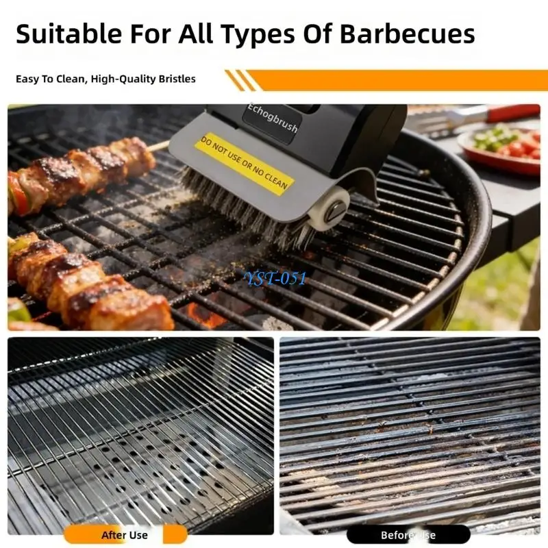 E15A Electric BBQ Grill Cleaning Brush Replaceable Steel Brush Head Ergonomic Handle For Kitchen Outdoor Cooking Cleaner