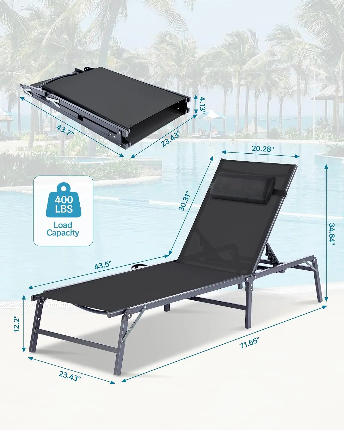 Foldable Chaise Lounge Chair with Cup Holder, Detachable Pillow & 6-Position Backrest, 2 Pack, Customized