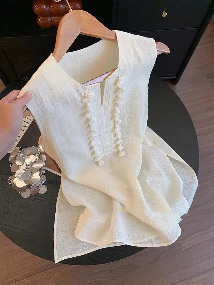 

Свободный женский льняной жилет с v-образным вырезом и кисточками, винтажный повседневный топ из смеси хлопка и льна, летняя мода