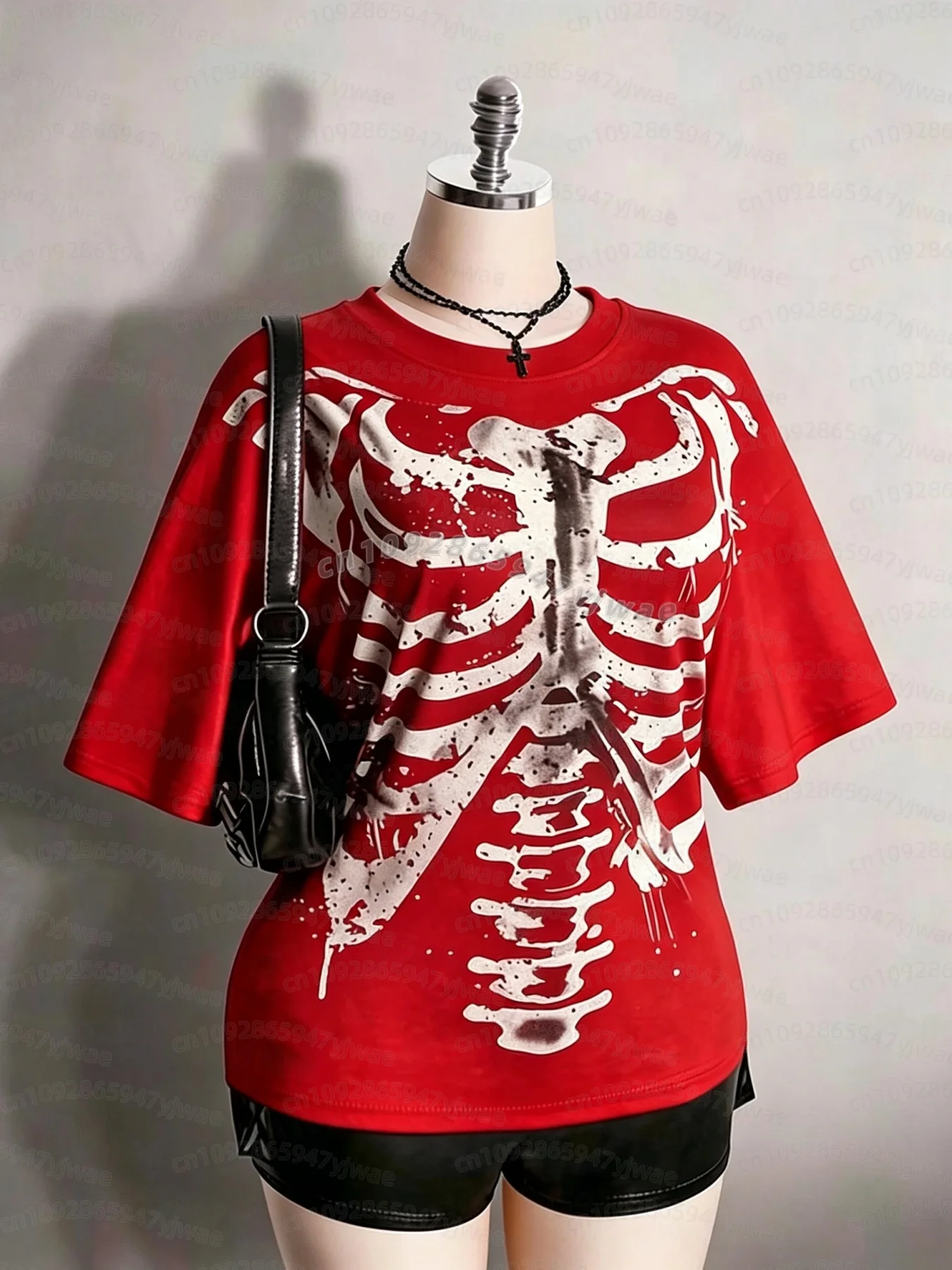 2026 Damen Halloween Skelett Brustkorbe Grafik T-Shirt Y2k Alt Goth Punk Distressed Totenkopf Knochen Print Kurzarm Damen T-Shirt – Detail 5