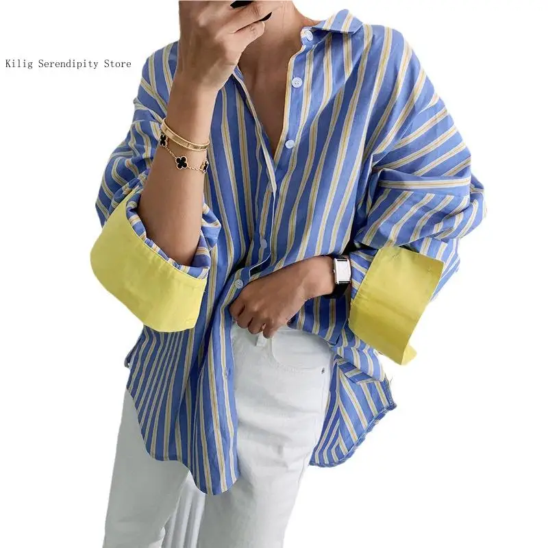 Spring and Autumn Contrast Striped Shirt Women\'s Loose Mid-Length Base Shirt Fashionable Casual Top