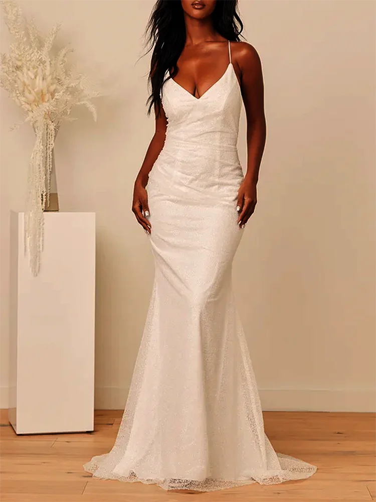 

Sexy Simple Ivory Lace Up Spaghetti Strap Backless Mermaid Trumpet Women Wedding Dresses Bridal Engagement Gowns 2024