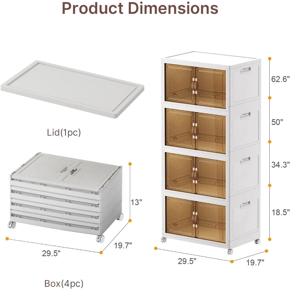 صناديق تخزين قابلة للتكديس ذات سعة كبيرة مع أغطية وعجلات وأبواب، 640-160 كوارت/40 جالون، 4 عبوات من منظمات خزانة قابلة للطي