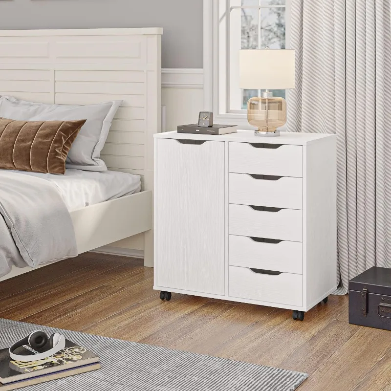 5-Drawer Chest with 1 Door, Wooden Chest of Drawers Storage Dresser Cabinet with Wheels, Office Organization and Storage,