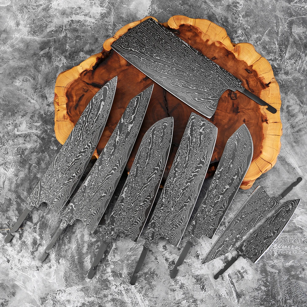 Japanese Black Blade Damascus Steel Knife Blanks Set 1-8PCS, Handmade DIY Kitchen Knife Blank maker's Accessories DIY Blade