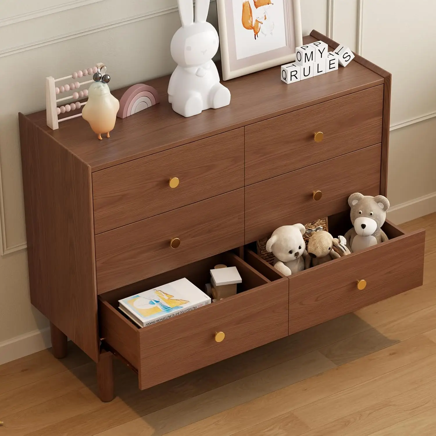 Cómoda de Roble Marrón Oscuro de 6 Cajones, 41.2 Pulgadas de Ancho, Cajonera de Madera, Mueble de Almacenamiento Grande para Dormitorio