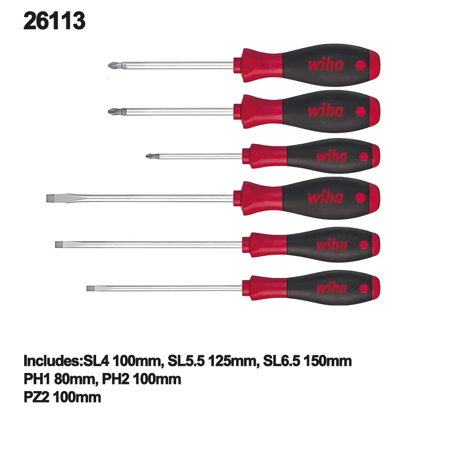 WIHA 6PCS Screwdriver Set Phiilps Slotted Pozidriv Screwdrivers Chrome Plated SoftFinish Screwdrivers 26113