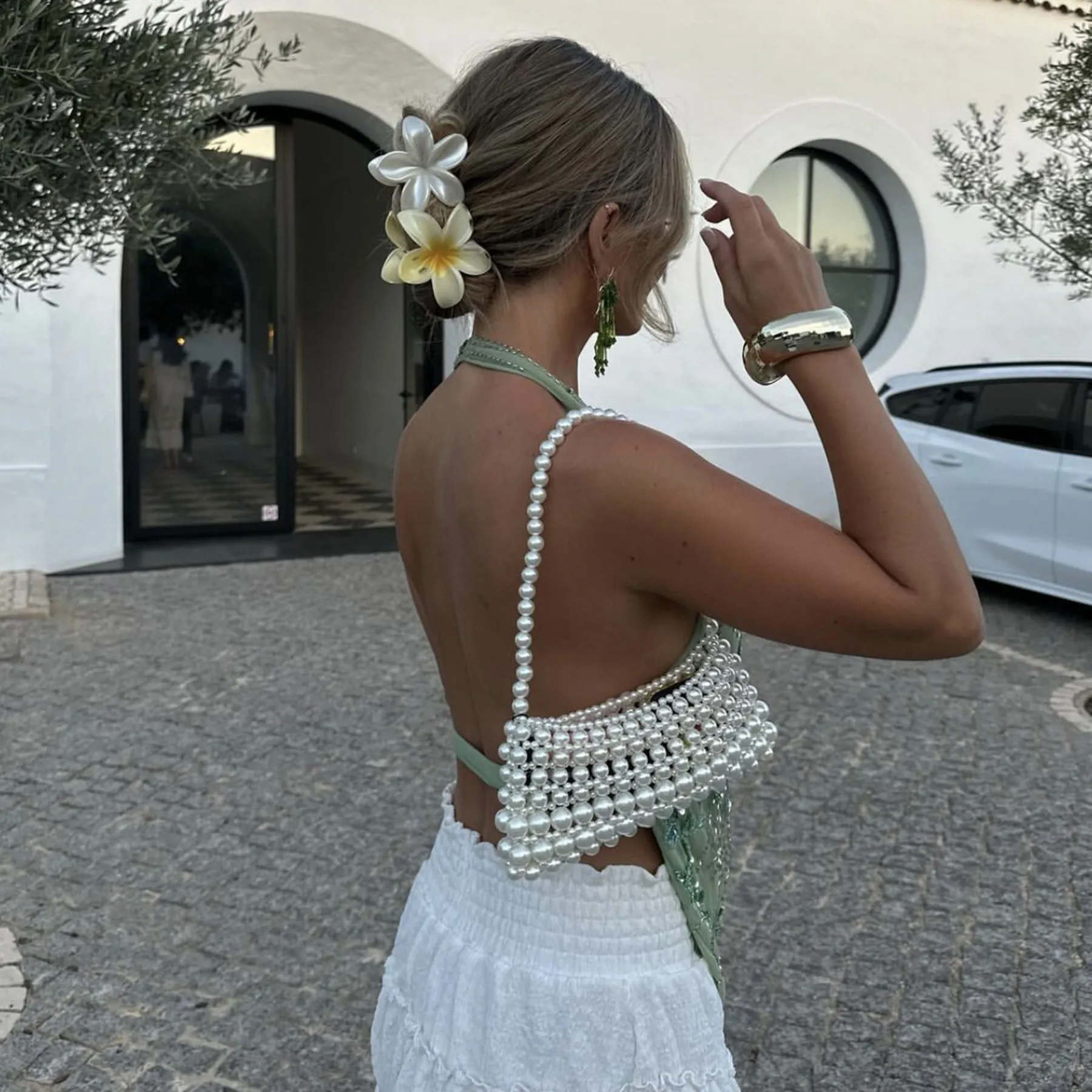 Luxury Sequin Embroidery Deep V-neck Tank Tops Women Sexy Tops Summer Backless Off-shoulder Streetwear Beach Vacation Tank Top