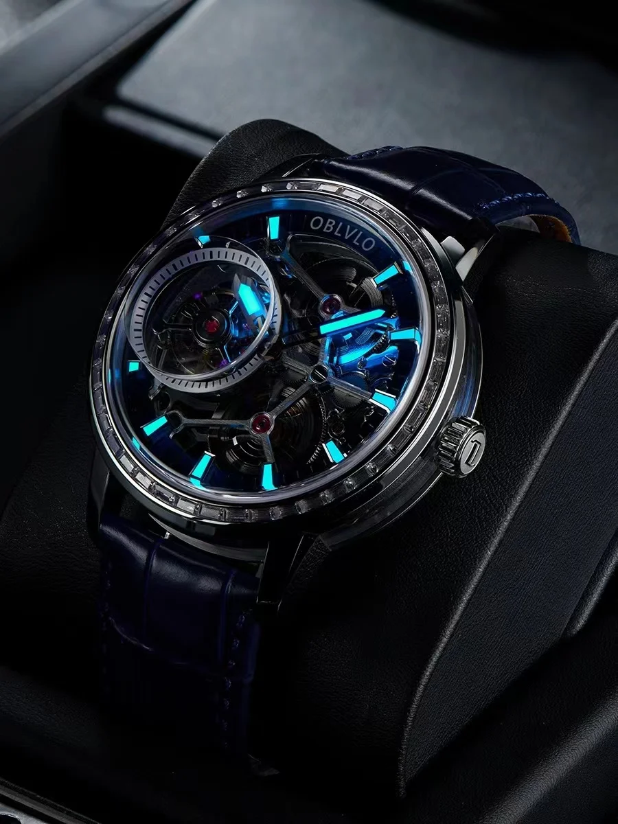 ساعة ميكانيكية للرجال من OBLVLO، ساعة رجالية مضيئة، ساعة ميكانيكية أوتوماتيكية بالكامل للرجال على طراز الأعمال الكلاسيكية.