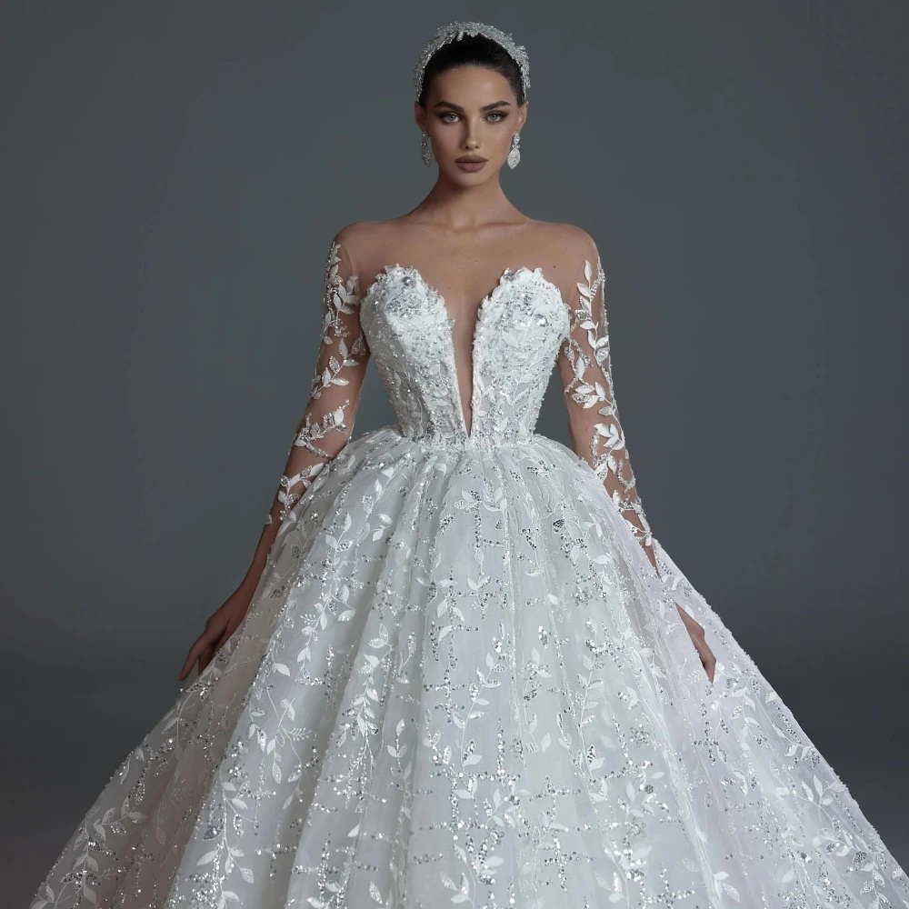 Abito da sposa con applicazioni in pizzo con perline squisite Abito da sposa a maniche lunghe con illusione 2025 Abiti da ballo personalizzati Abiti lunghi per la sposa