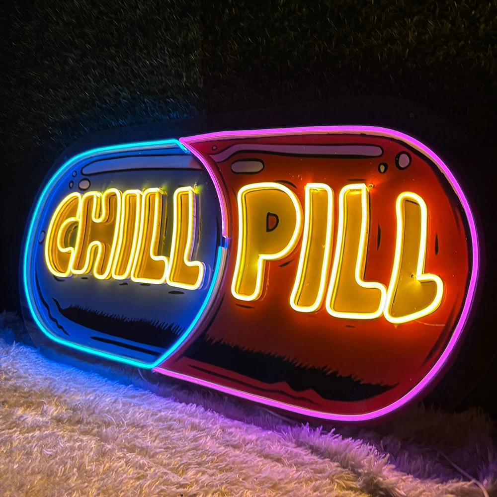 Chill Pill LED Neon Acrylique Artwork, Salon, Chambre à coucher, Décoration murale, Enseignes au néon, Bureau, Maison, Extérieur, Face btNeon Light