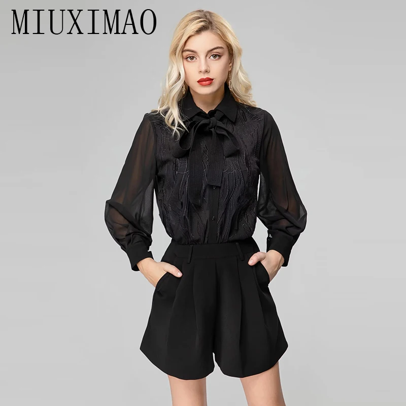 MIUXIMAO 2023 High Quality Spring&Summer Embroider Set Long Sleeve Lapel Chiffon Shirt+Short Fashion Two-piece Set Women Vestide