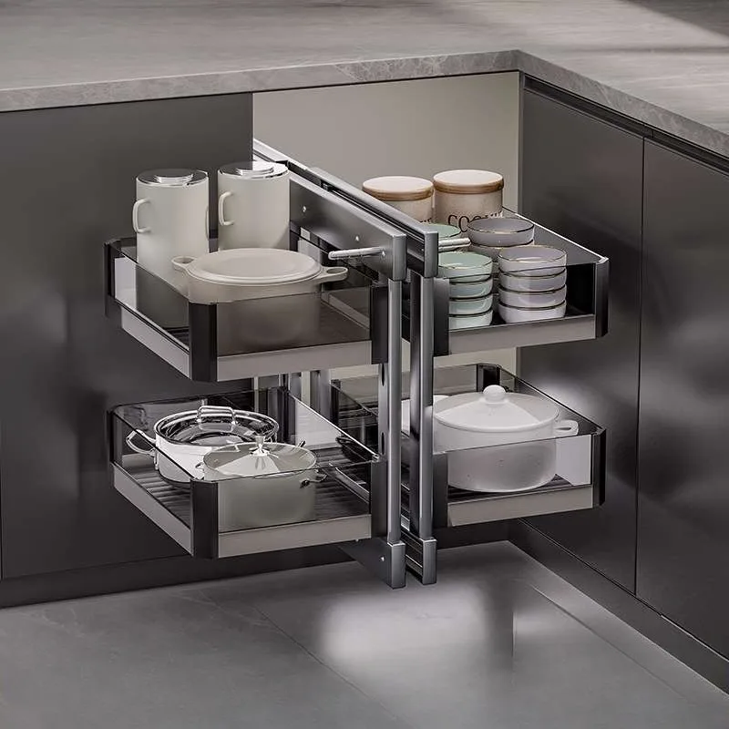 Double Layer Pull‑Out Corner Cabinet Storage Rack, Rotating Metal Soft Close Organizer for L Shape Kitchen Cabinet