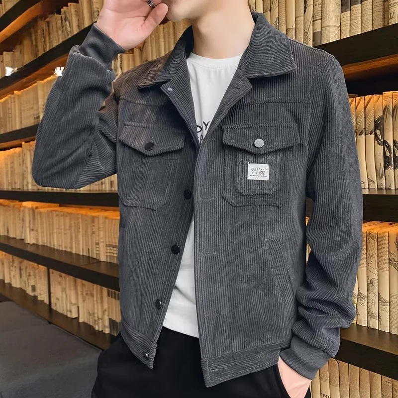 

Corduroy Jaet Men's Spring 2024 Faion ey Collar Casual Jaet Loose Fit Long Sve Anti-Wrinkle Polyester