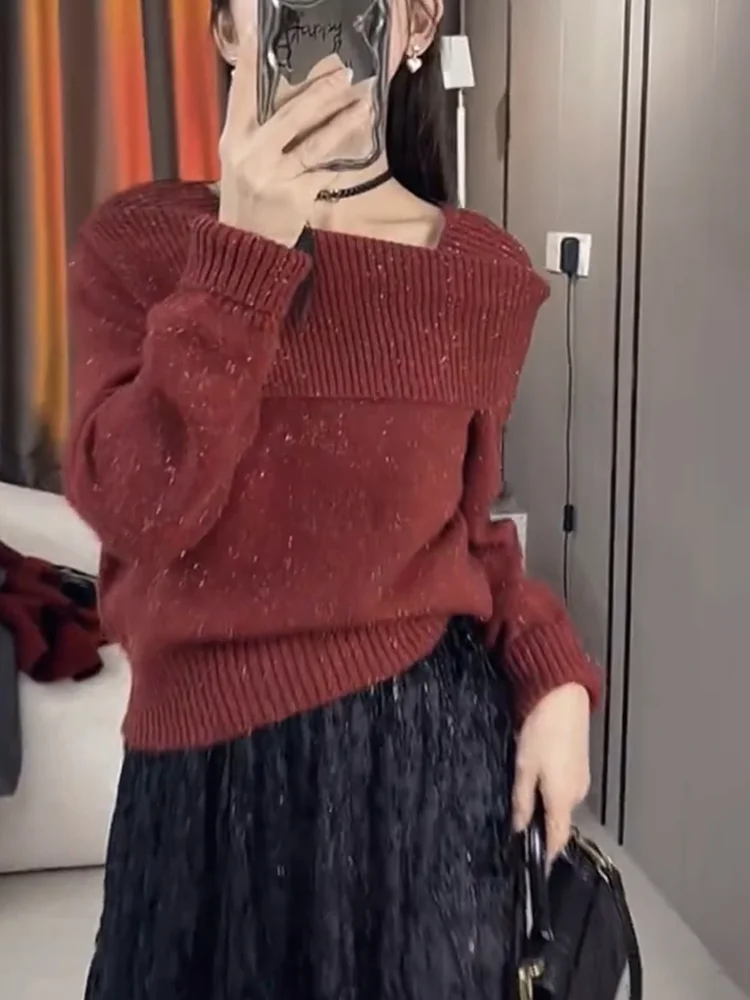 

Ele Sequin One-oulder Sweater Women's plus Size Versatile Slimming Top Korean Sle Long Sve Camere Knitwear