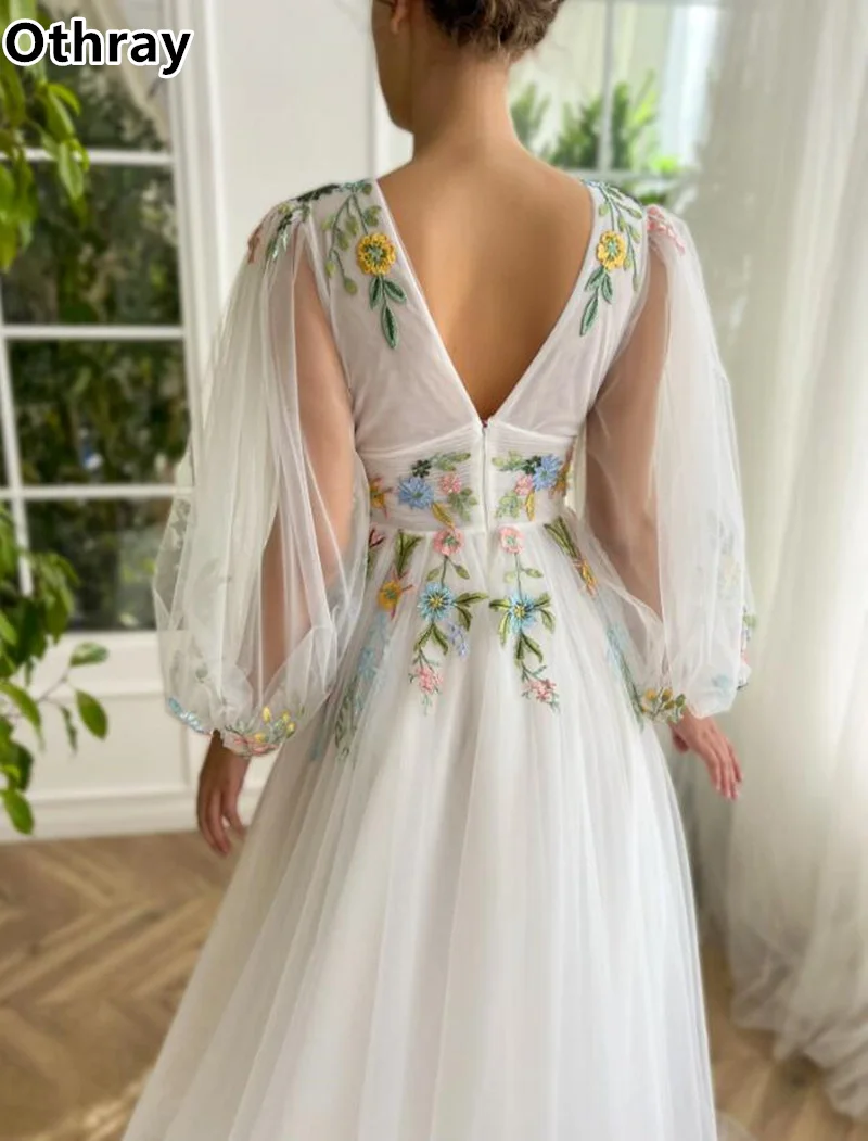 Othray-Robe de mariée en dentelle florale, coupe trapèze, manches longues bouffantes, fendue sur le devant, pour les patients, quel que soit le style Boho, 2024