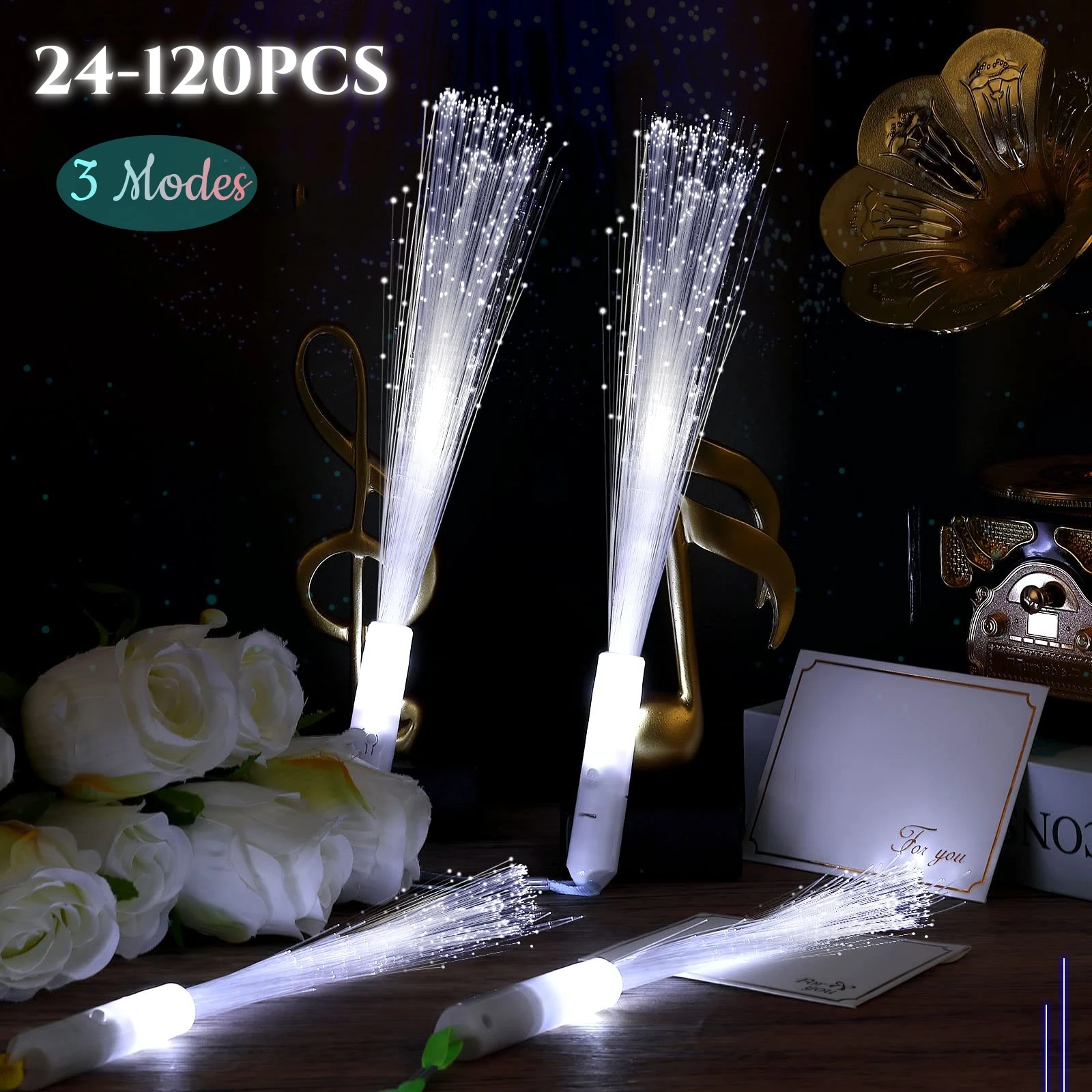 

24-120 Pieces White Fiber Optic Wands Glow Sticks LED Light up Wedding Wand with 3 Light Modes For Birthday Glow Party Supplies