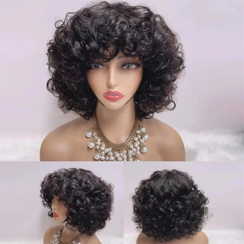 Fumi Curly Human Hair Wigs Fringe Wig Pixie Cut Rose Curly Cheap Full Machine Wigs Egg Curl Short Bob Wig With Bangs 300 Density