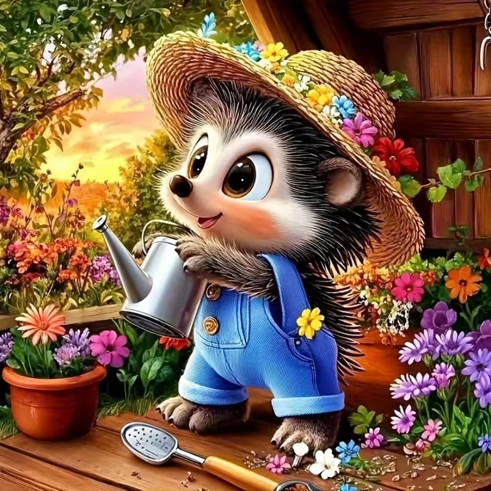 Oil Painting By Numbers Whimsical Farm Animal Hedgehog Gardening Vibrant Flowers Warm Sunset Nature Canvas Decor