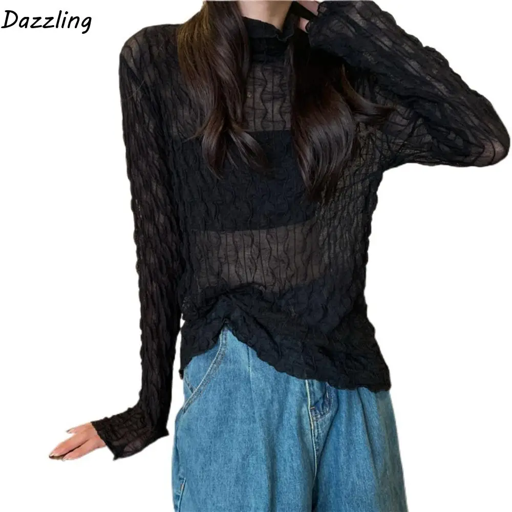 

Simple Wave Mesh Lace Top Ruffle Hollow Out Transparent Long Sleeved Top Beachwear Beach Shirts Girl