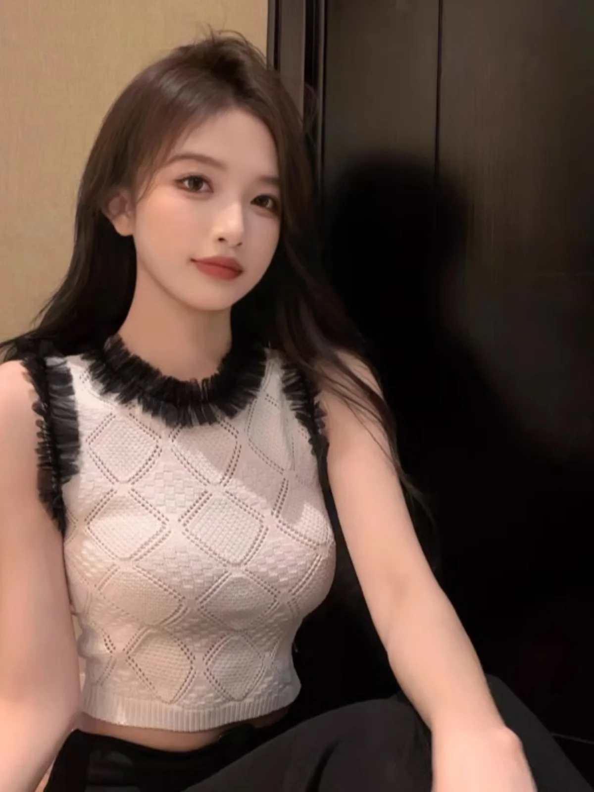 

Girls' Lace Trim Svel Knitted Vest Slim Fit ort Design Summer Outerwear Sweet Spicy Inner Wear Top Women's Faion