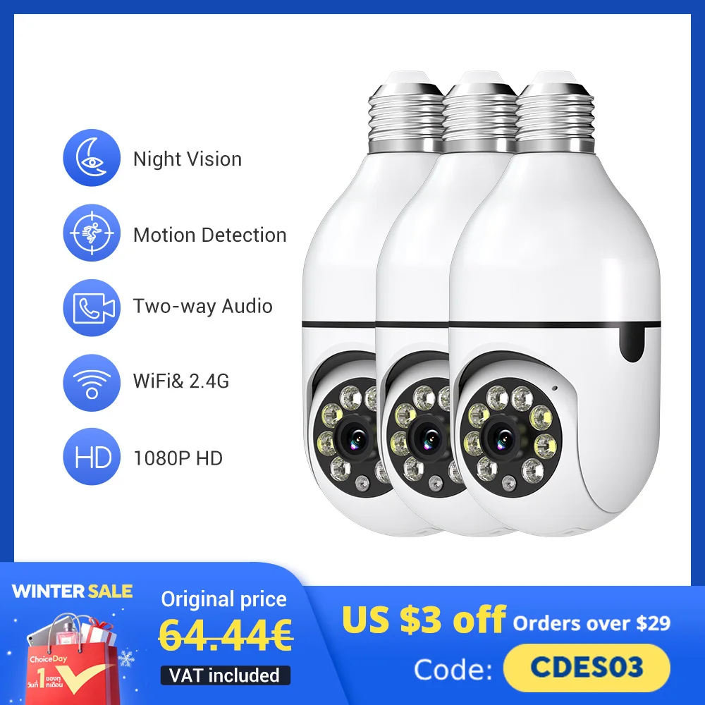 3PC Ease Life APP-Light Bulb Security Cameras Indoor Outdoor Wireless WiFi Camera 2.4GHz, 360 Degree, E27 Light Socket Screw In