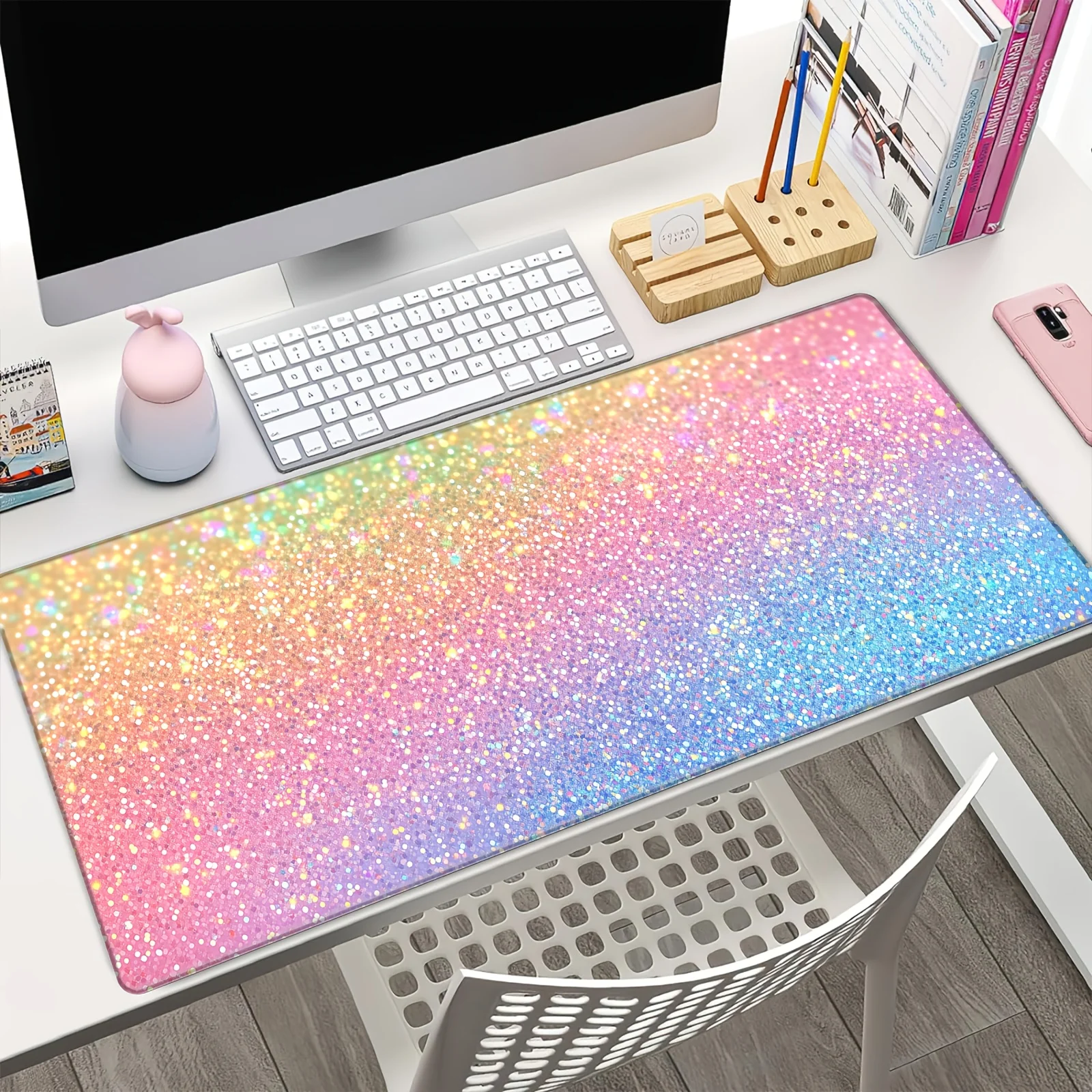 

Waterproof & Anti-Fray Glitter Desk Mat, Extended Large Mouse Pad for PC/Laptop,Shiny Pastel Rainbow Design non-slip rubber base