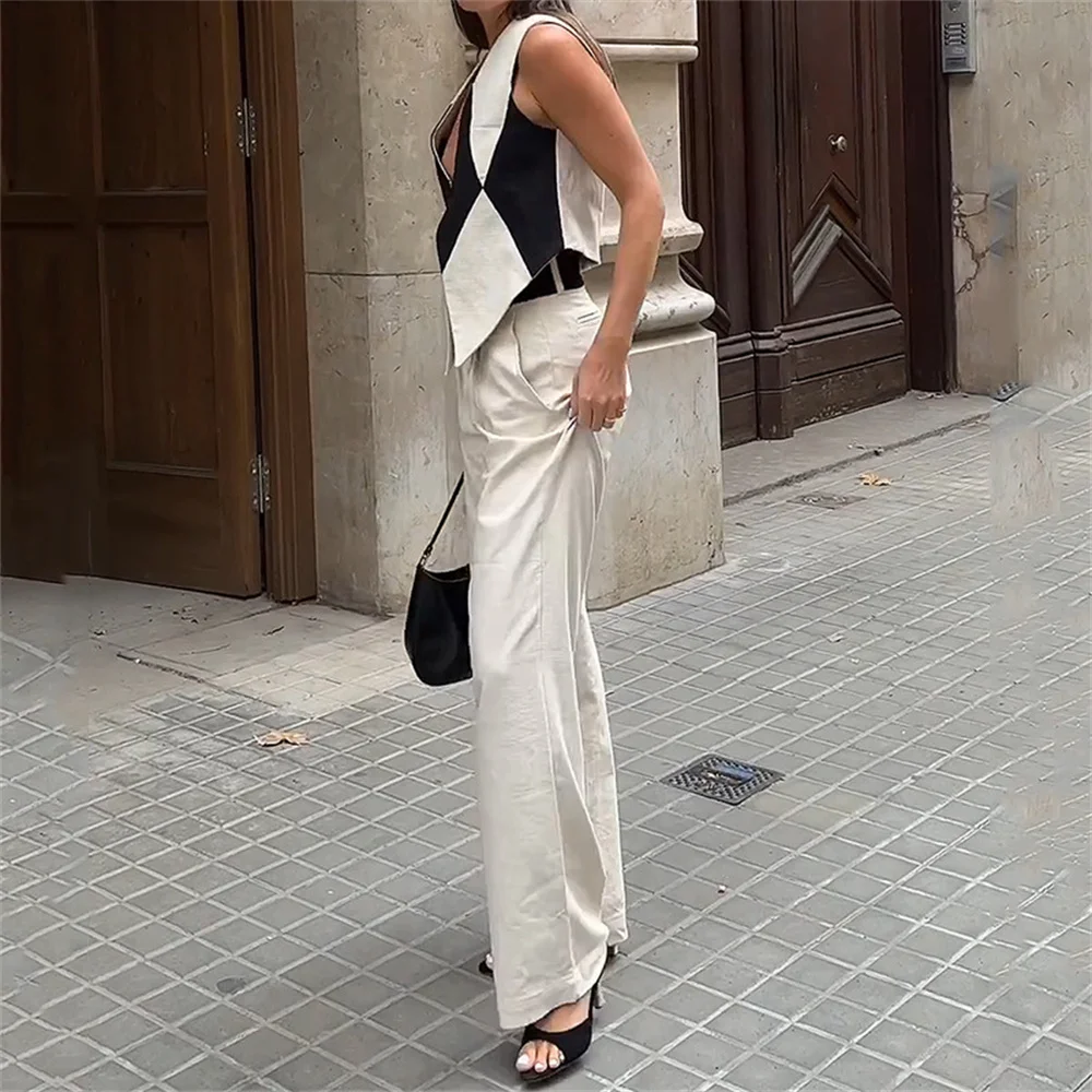 White Striped Vest and Wide Leg Pants Two Piece Suit for Women Summer OL V-Neck Single Breasted Short Top High Waist Long Pants